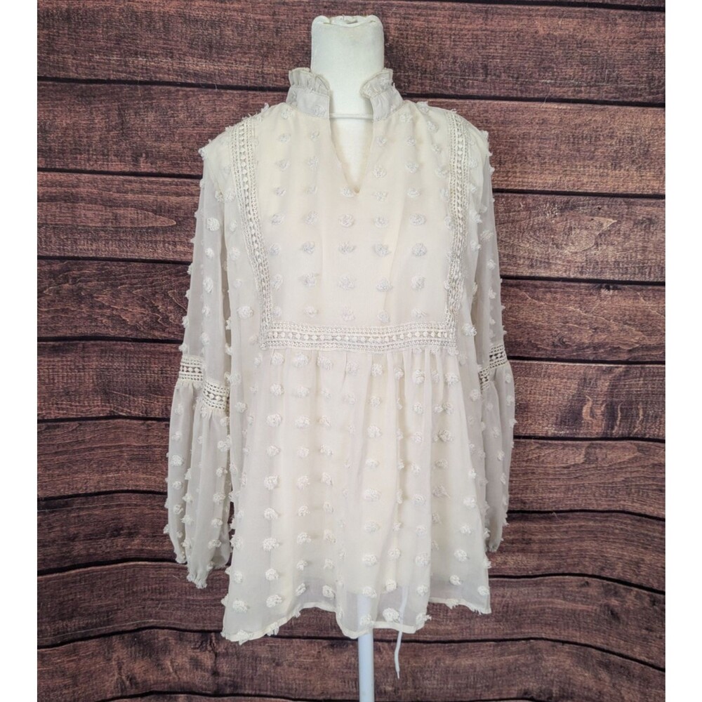 Swiss Dot Sheer‎ Balloon Sleeve Split Front Blouse Ivory Women's Size Medium